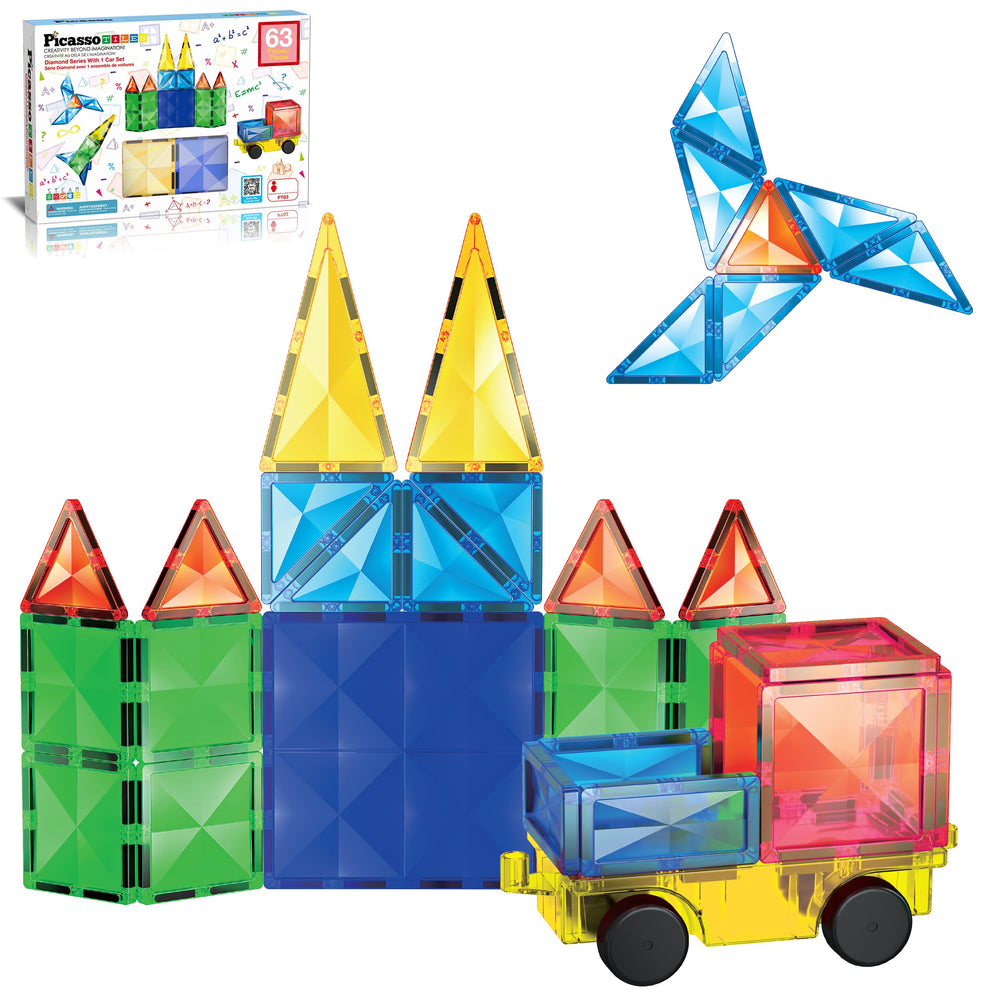 PicassoTiles car truck included for dynamic, imaginative building sessions.