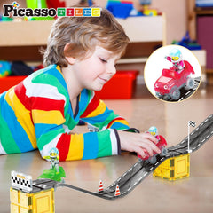 PicassoTiles character action figures enhance storytelling during magnetic play.