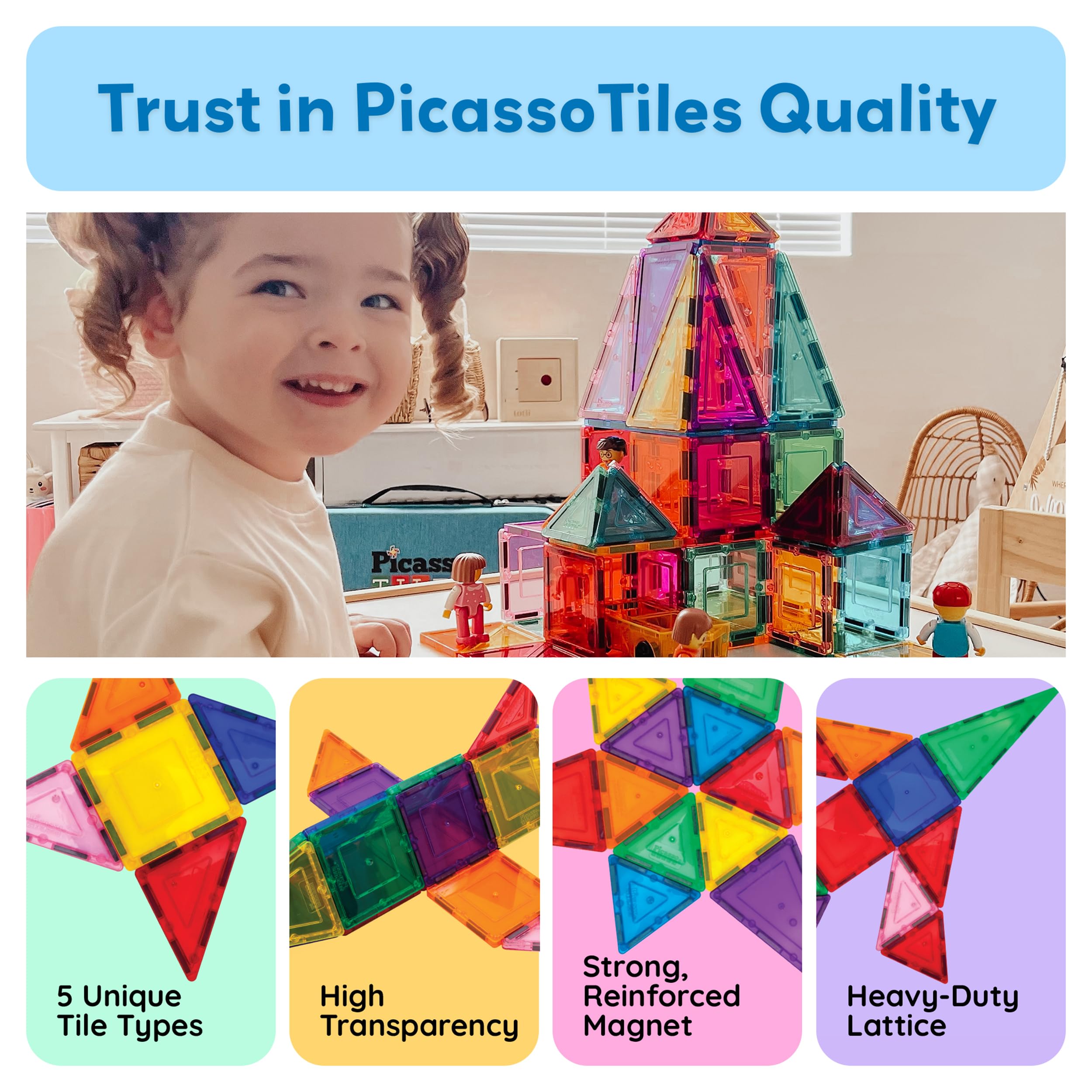 PicassoTiles classroom setup with multiple kids building together via magnetic tiles.
