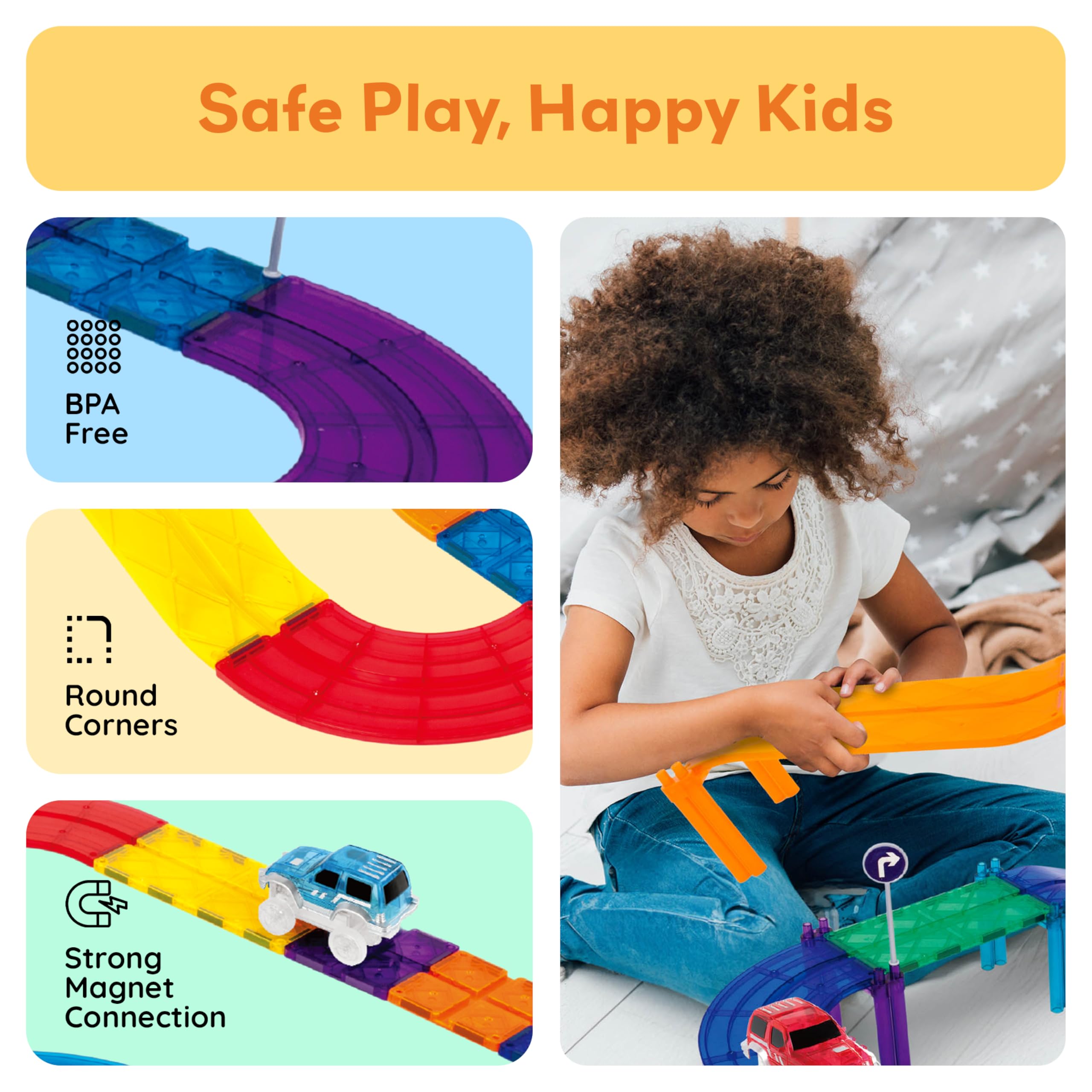 PicassoTiles colorful pieces teach color recognition and basic geometry.