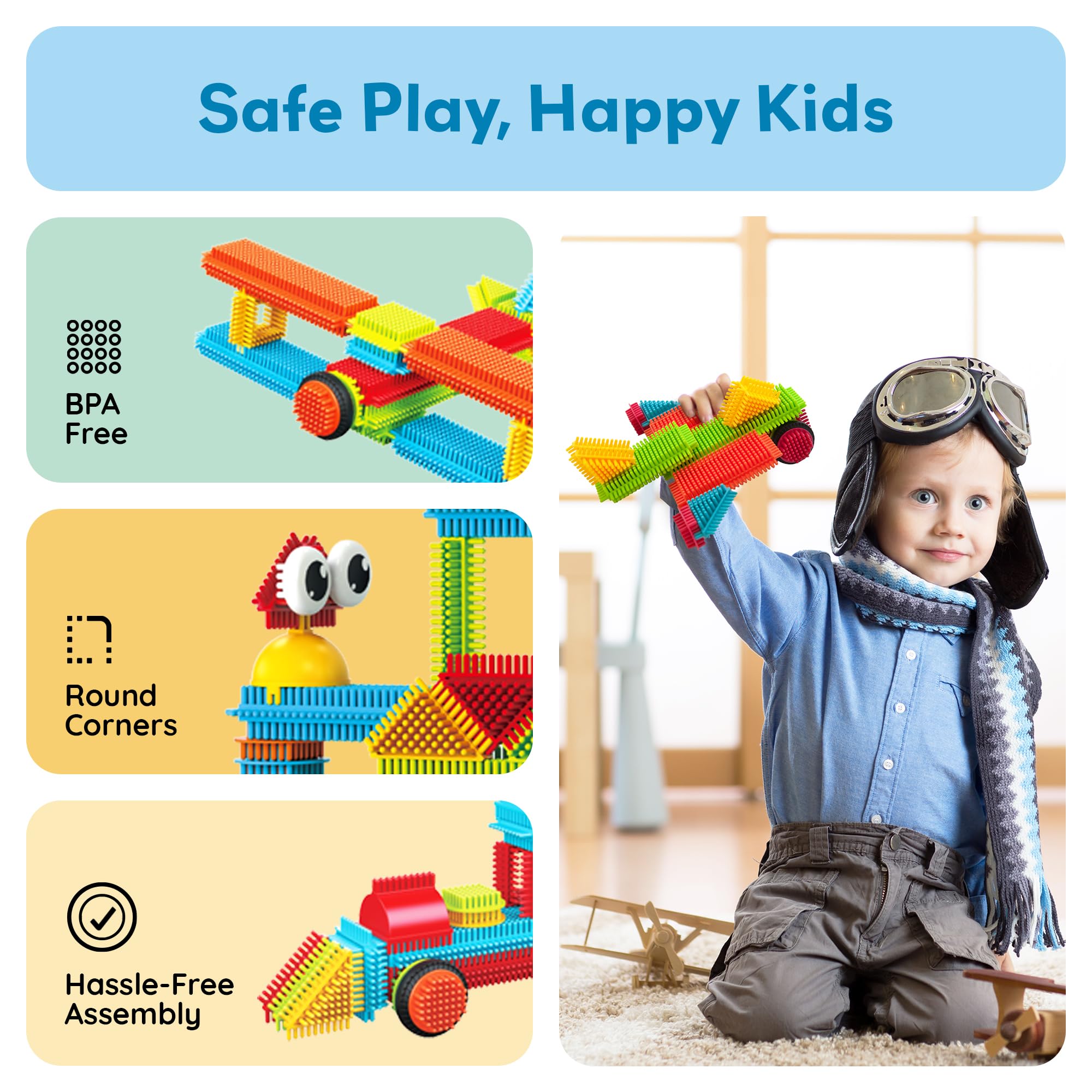 PicassoTiles blocks promote early dexterity and grip during simple connections.
