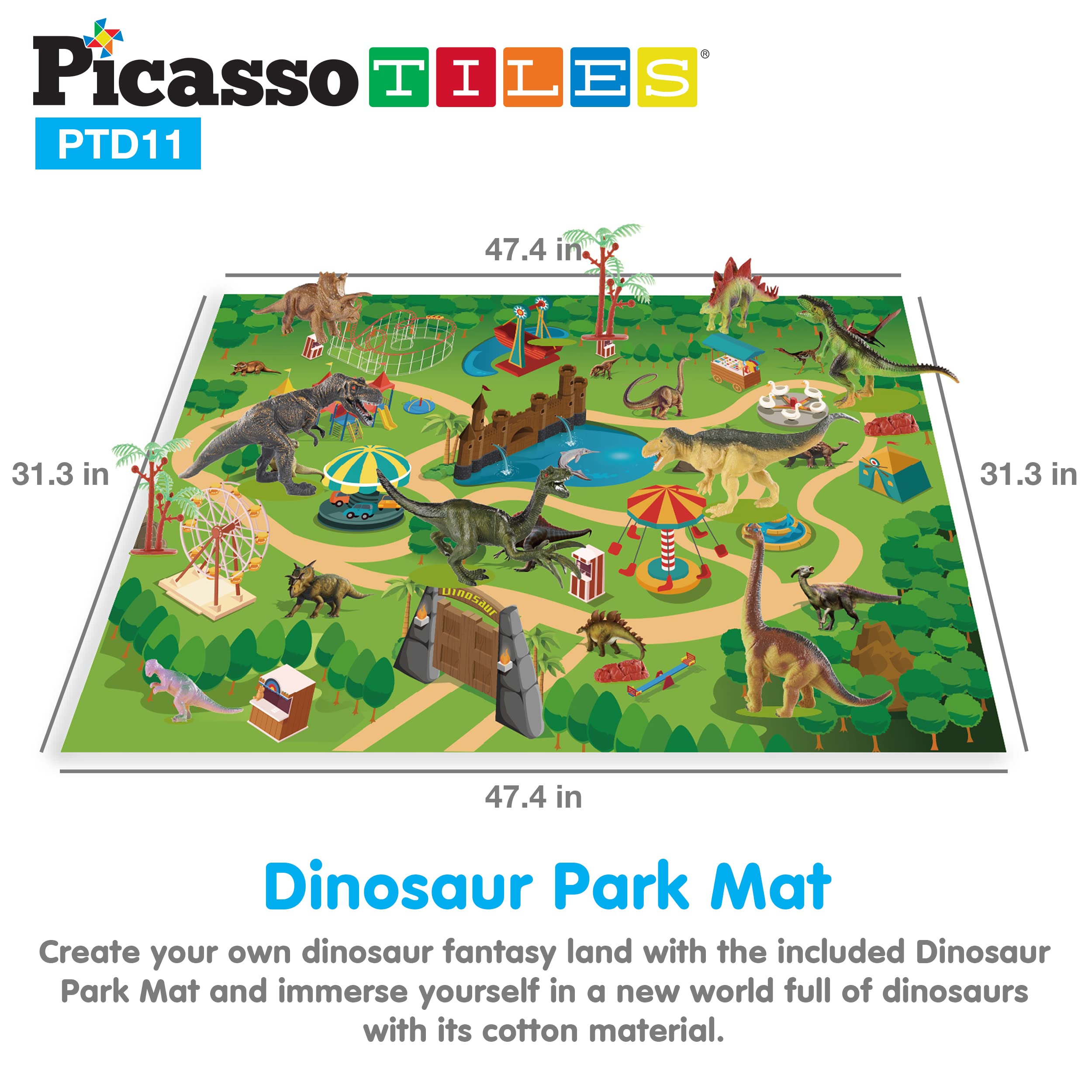 PicassoTiles trees and rocks add realistic habitat details for immersive dino adventures.