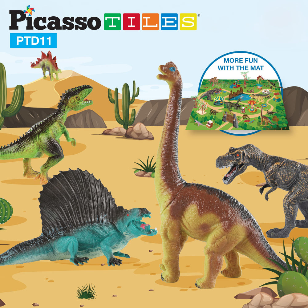 PicassoTiles dinosaur park setup with figures invites imaginative, collaborative learning.