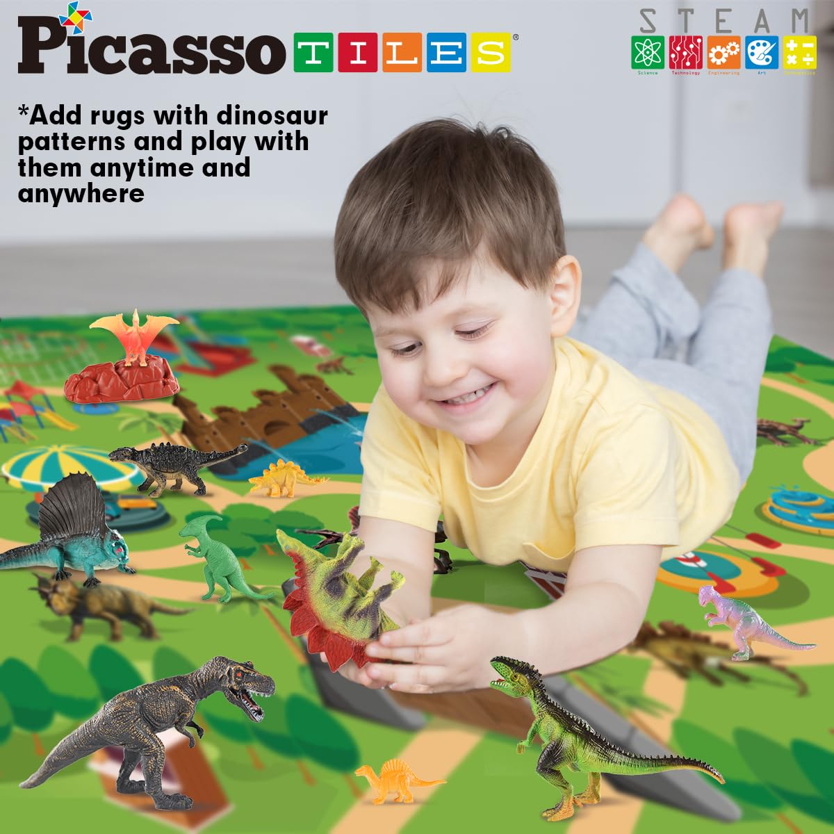 PicassoTiles dinosaur set packaging includes all pieces for classroom or family fun.