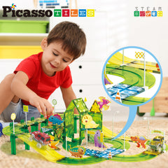 PicassoTiles dinosaur track assembly demonstrates versatile build options.