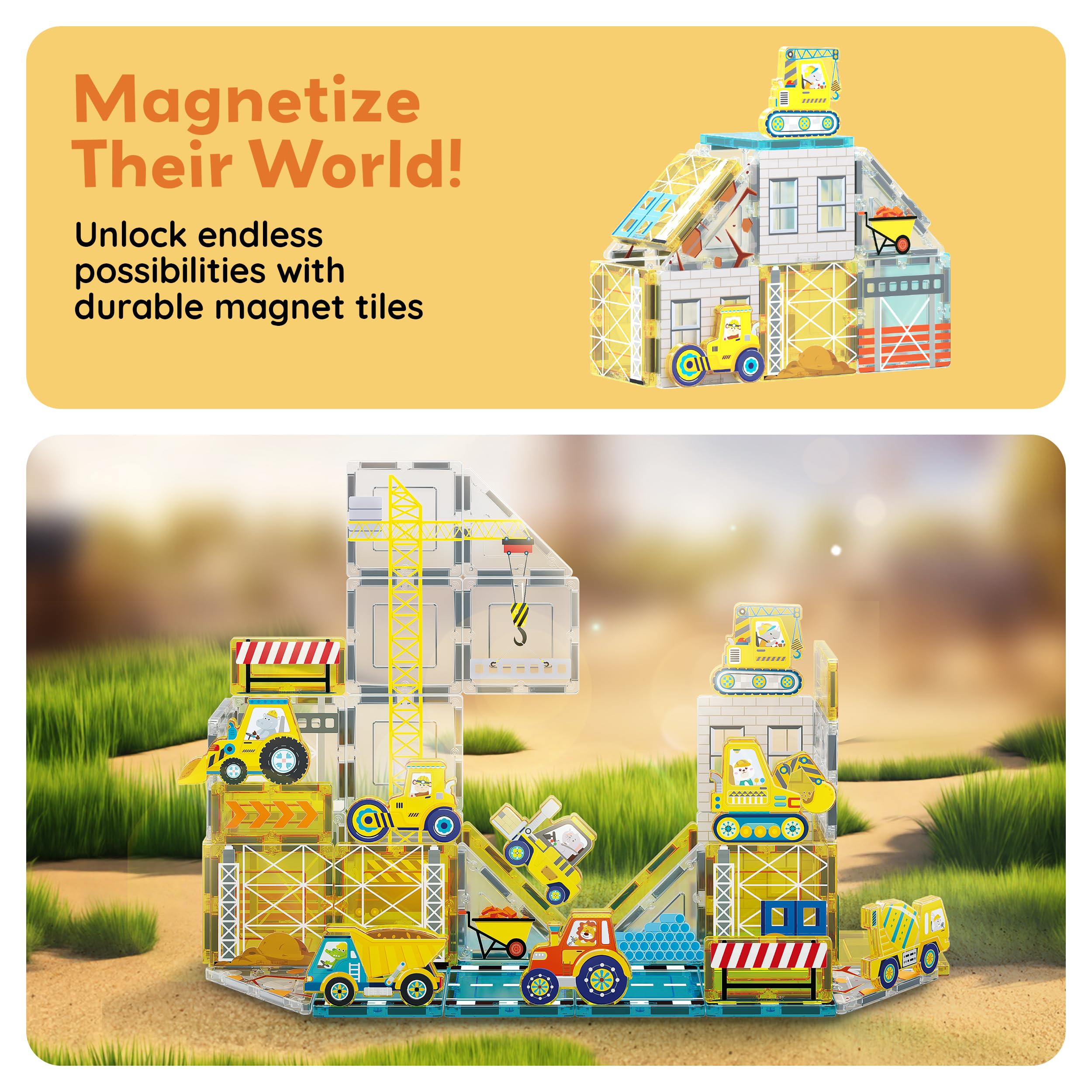 PicassoTiles dump truck magnet tiles for vibrant building sites and sequencing.
