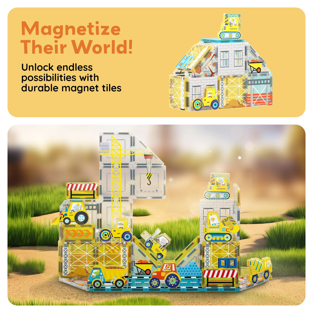 PicassoTiles dump truck magnet tiles for vibrant building sites and sequencing.