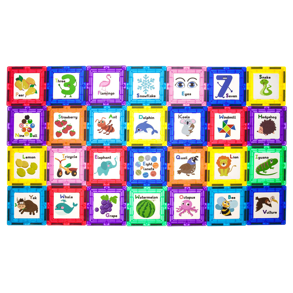 PicassoTiles educational graphics card closeup for early literacy and counting concepts.