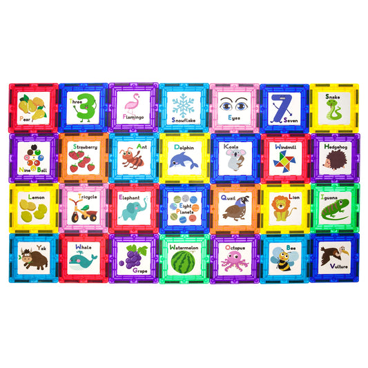 PicassoTiles educational graphics card closeup for early literacy and counting concepts.