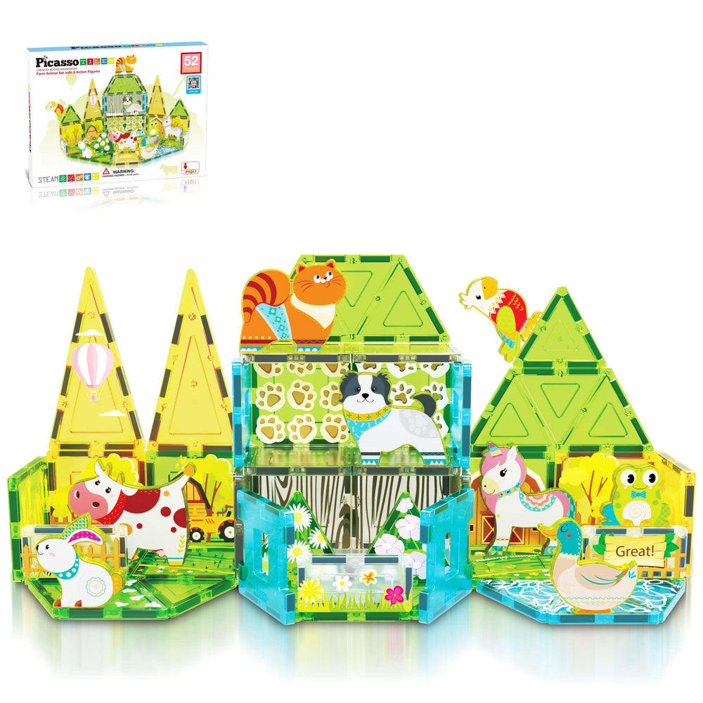 PicassoTiles farm animal tiles encourage hands-on exploration of farm life through magnetic play.