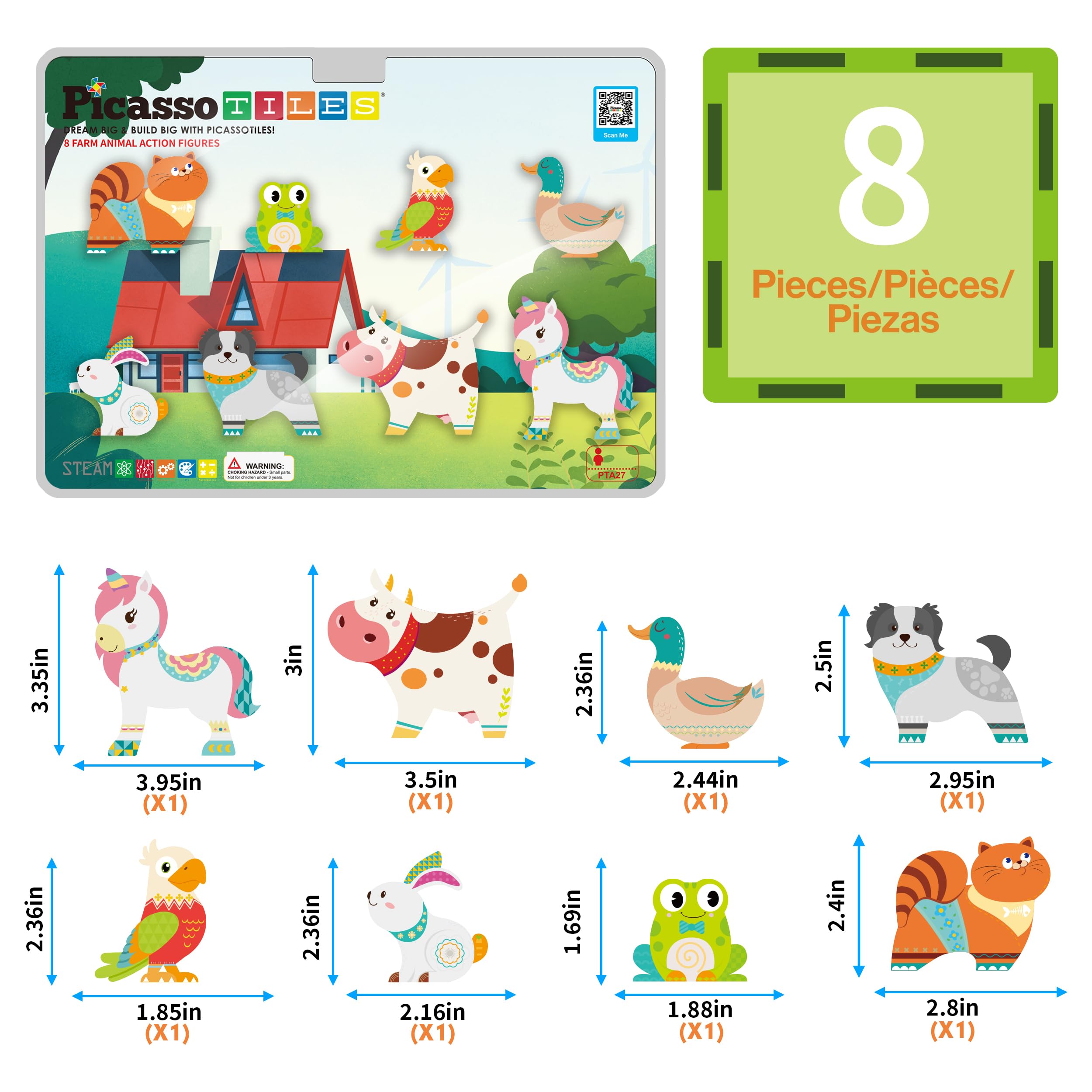 PicassoTiles farm parrot figure sparks storytelling during pretend play.