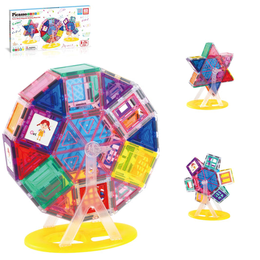 PicassoTiles ferris wheel rotating assembly showcases dynamic construction with magnetic tiles for hands-on play.