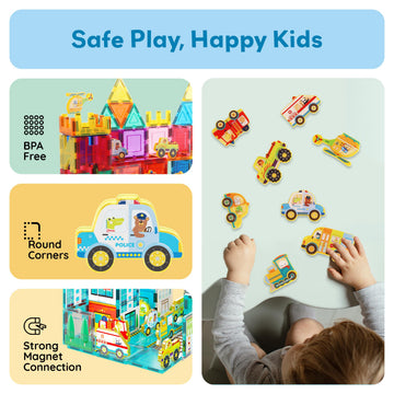 PicassoTiles fire-engine magnetized for action-packed building adventures and colorful scenes.