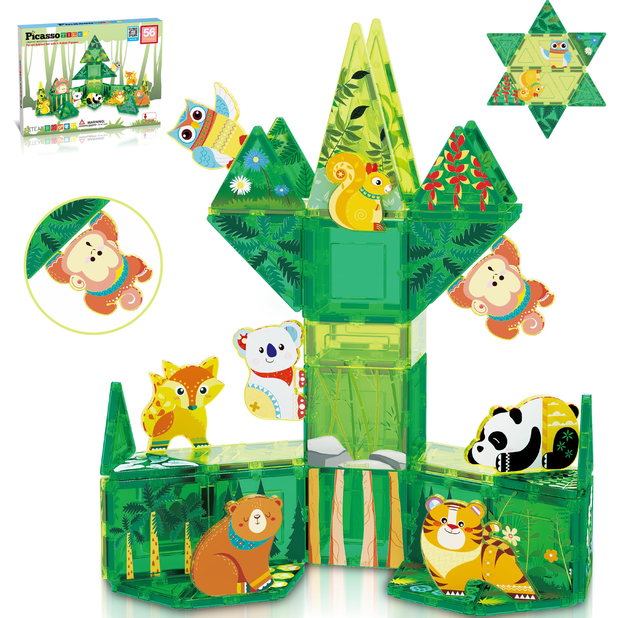PicassoTiles forest animal set pack featuring eight magnetic figures for imaginative play.
