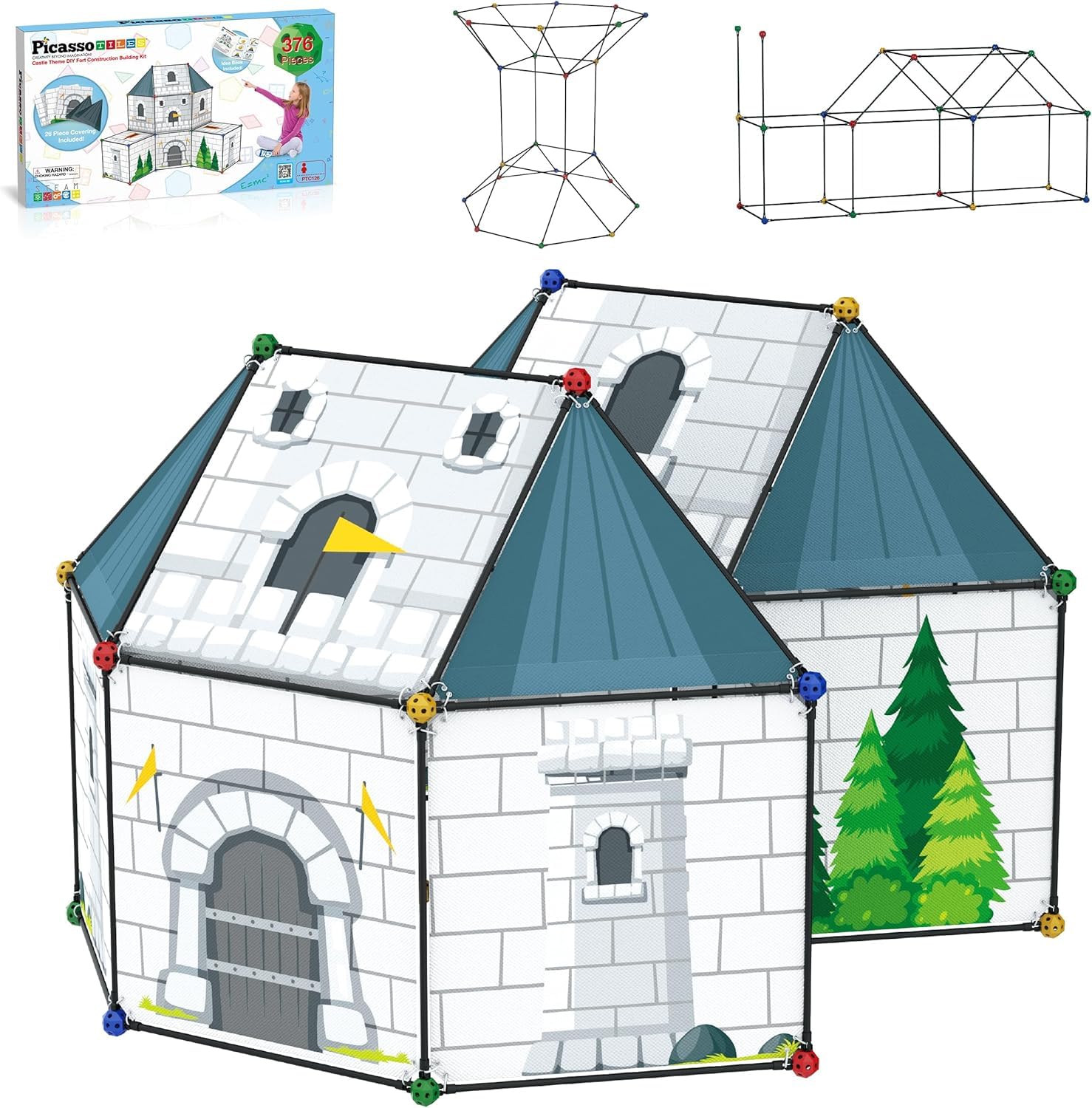 PicassoTiles Fort Building Kit assembled fort ready for indoor play and imaginative STEM learning