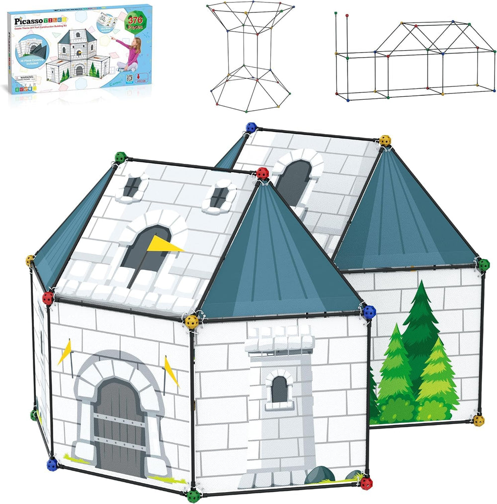 PicassoTiles Fort Building Kit assembled fort ready for indoor play and imaginative STEM learning