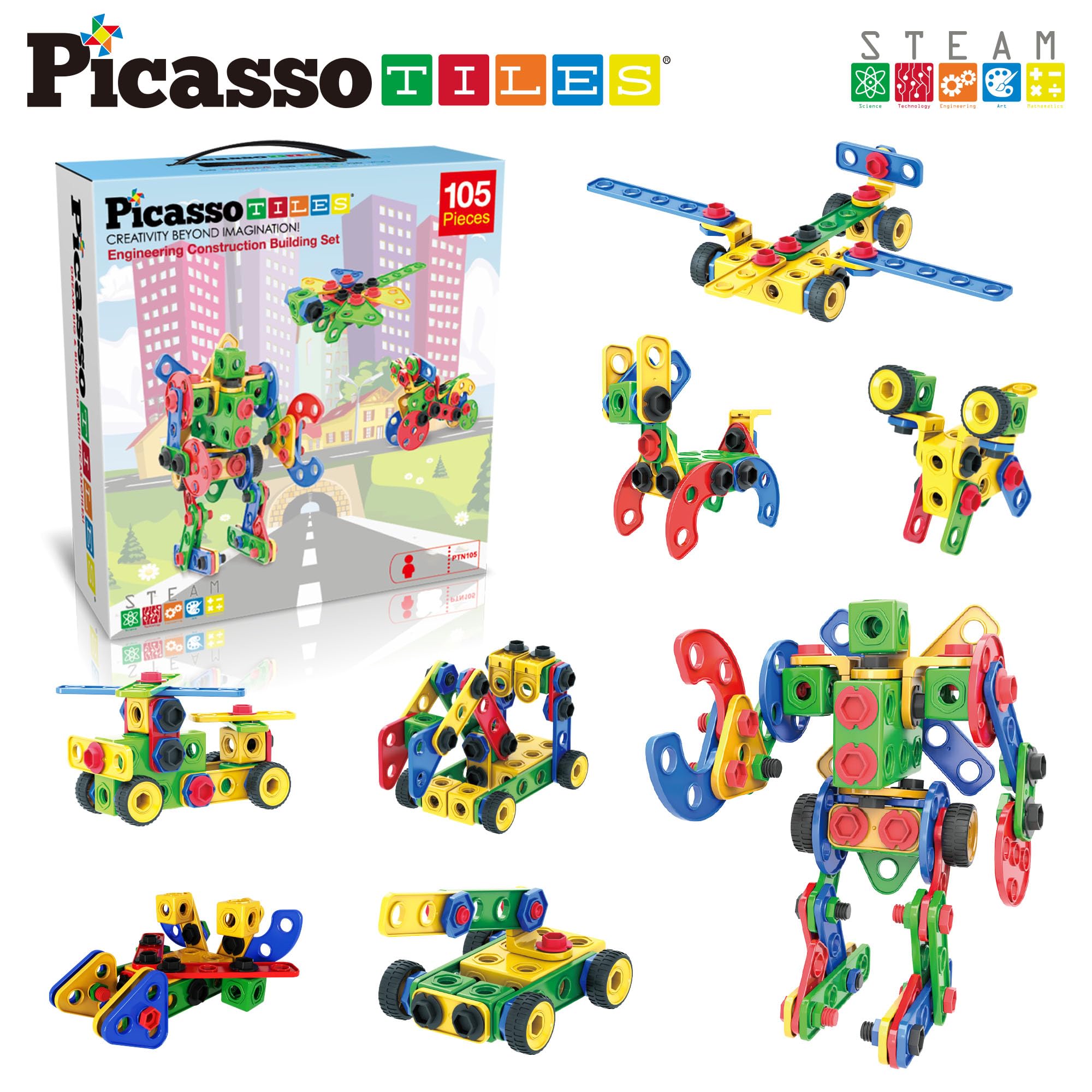 PicassoTiles free idea book guides imaginative animal, vehicle, and robot builds.