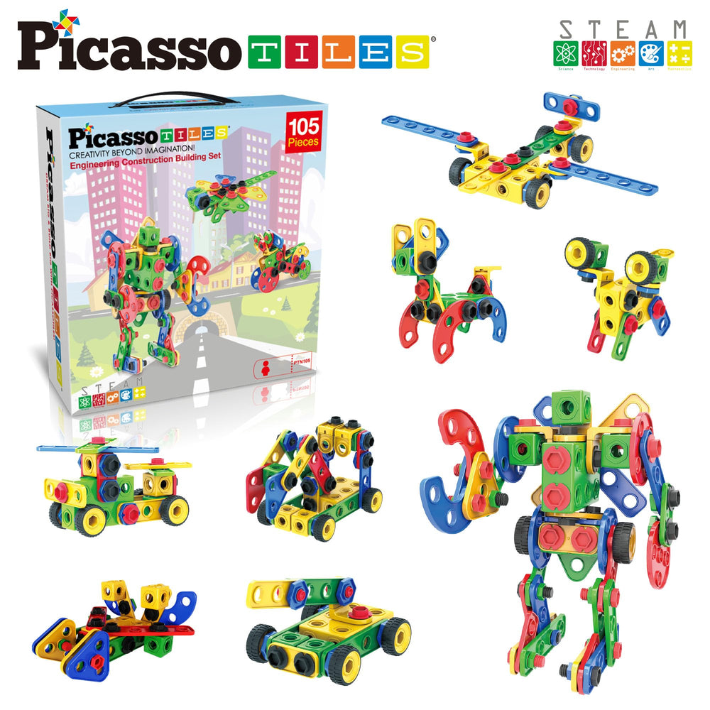 PicassoTiles free idea book guides imaginative animal, vehicle, and robot builds.