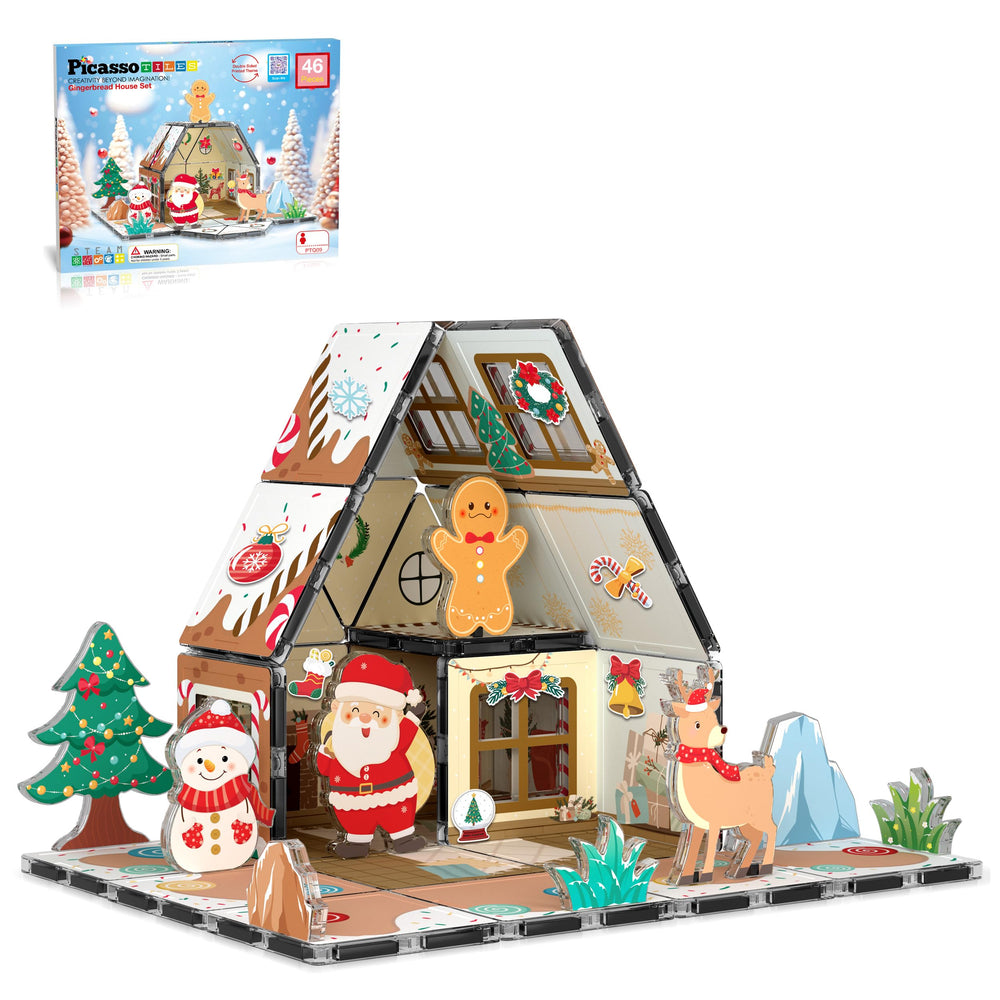 PicassoTiles gingerbread house front view showing magnetic tiles for hands-on winter play.