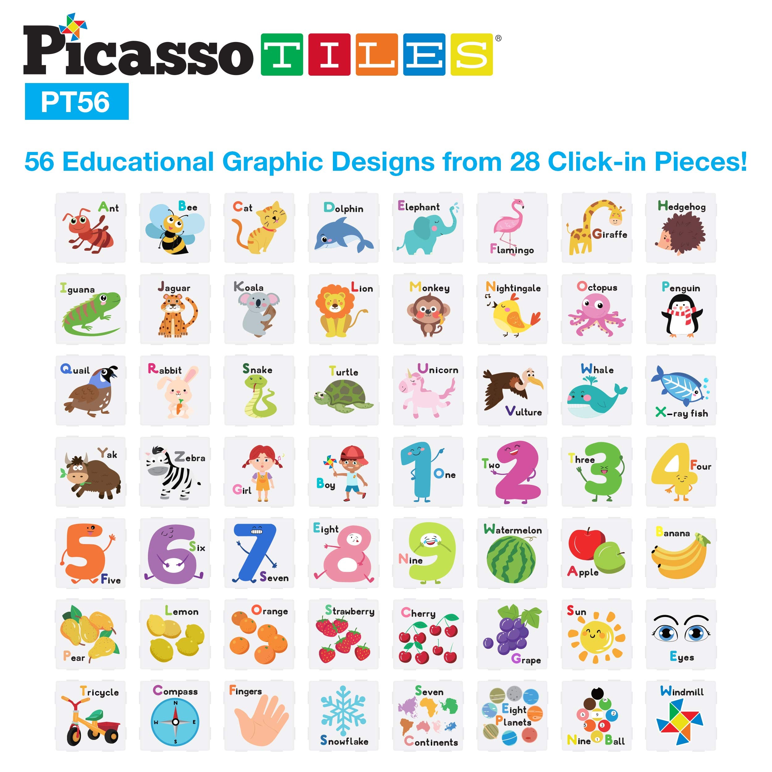 PicassoTiles graphic inserts showing letters, animals, and fruits.