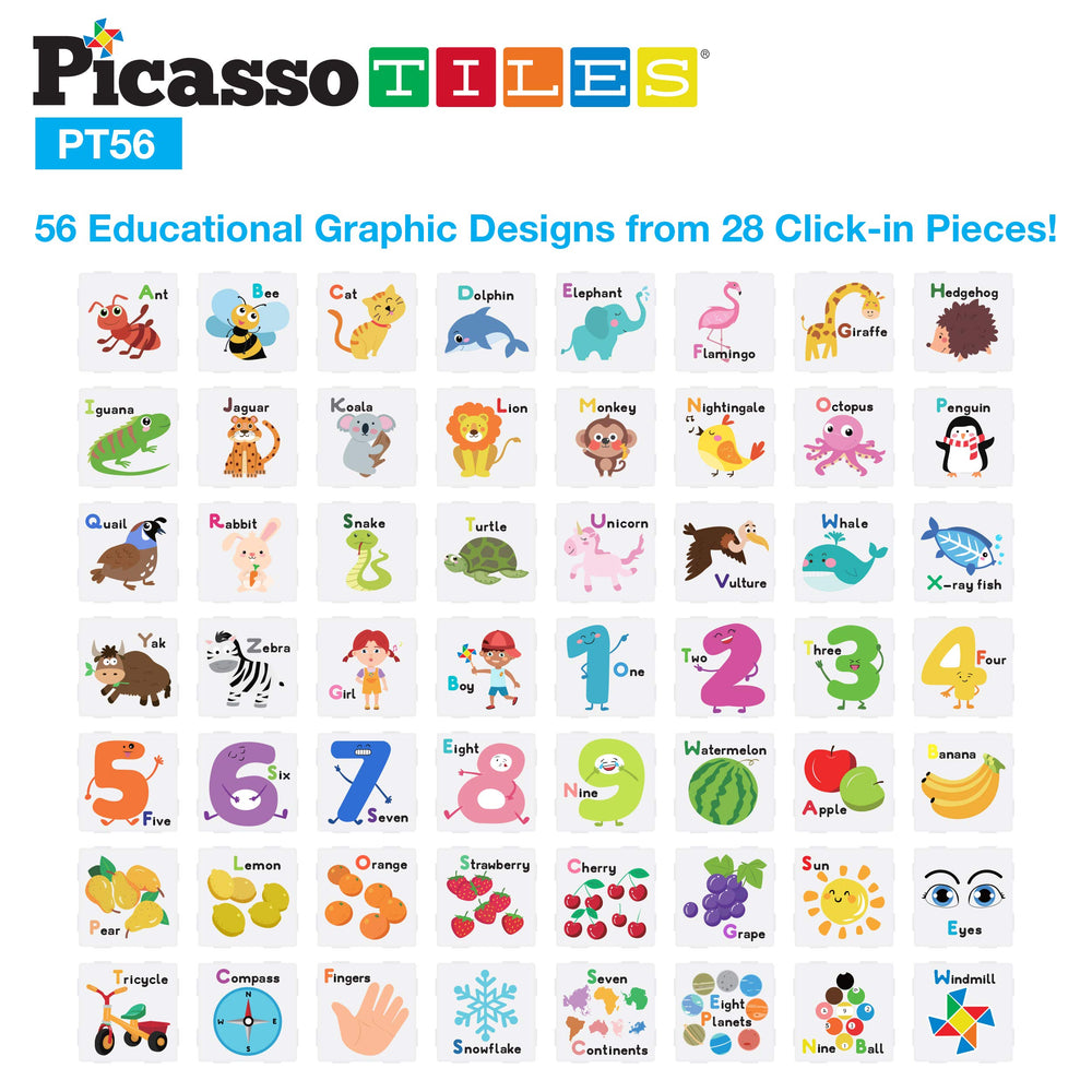 PicassoTiles graphic inserts showing letters, animals, and fruits.