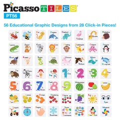 PicassoTiles graphic inserts showing letters, animals, and fruits.