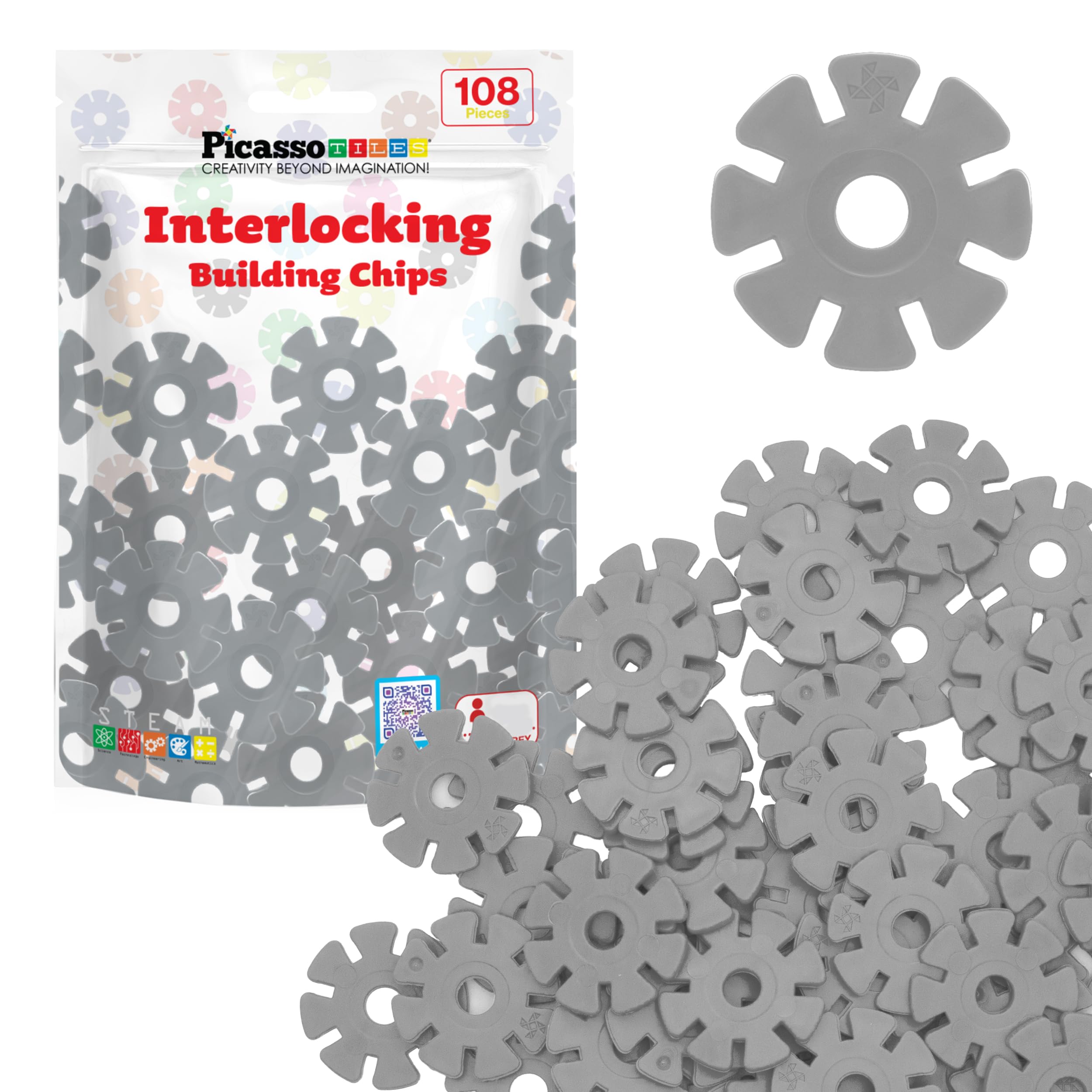 PicassoTiles gray building chip interlocking disc close-up for modular STEM construction
