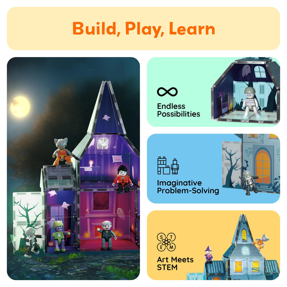 PicassoTiles haunted bricks and artwork enhance storytelling during seasonal play.