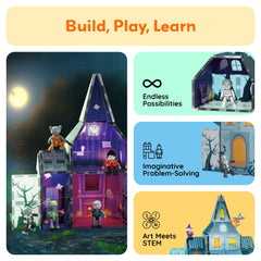 PicassoTiles haunted bricks and artwork enhance storytelling during seasonal play.