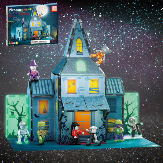 PicassoTiles haunted house front-view tiles invite imaginative spooky builds and storytelling.
