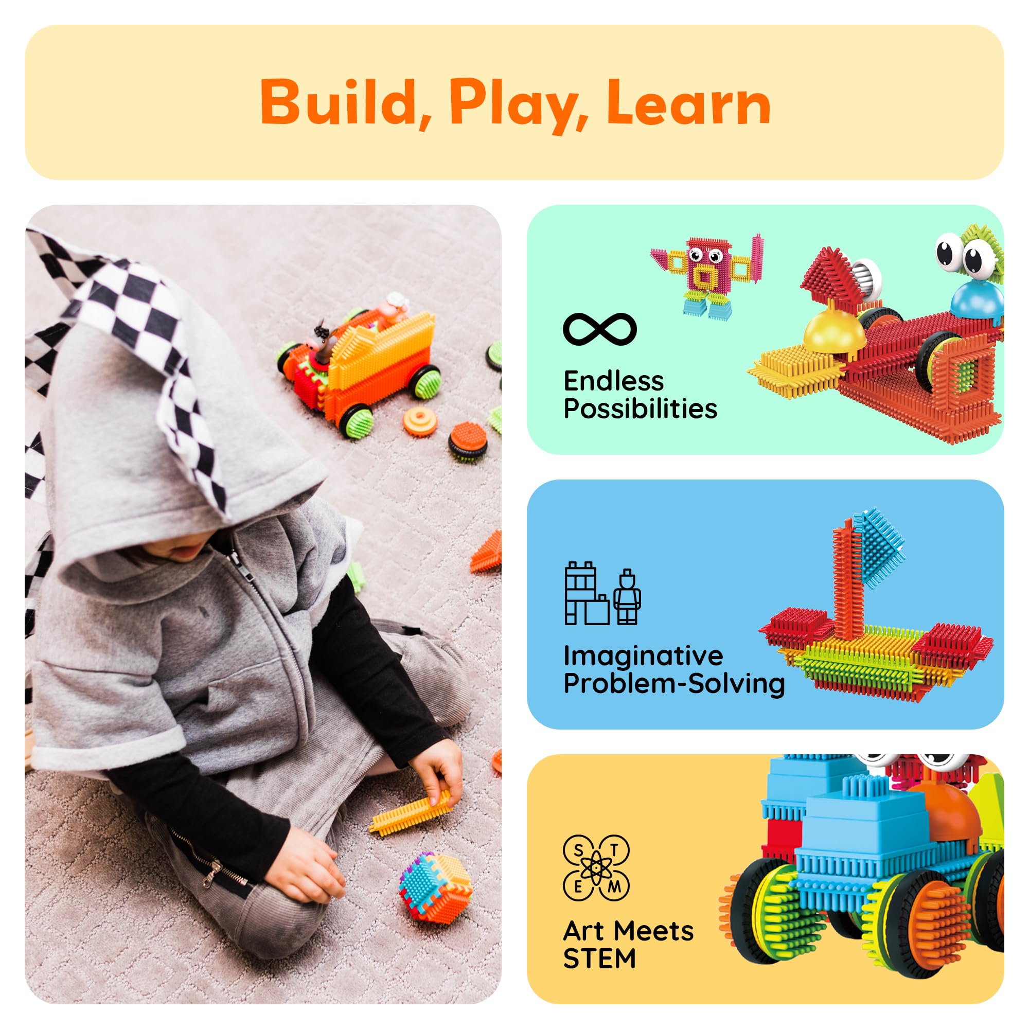 PicassoTiles hedgehog blocks textured surface enhances grip and play variety.