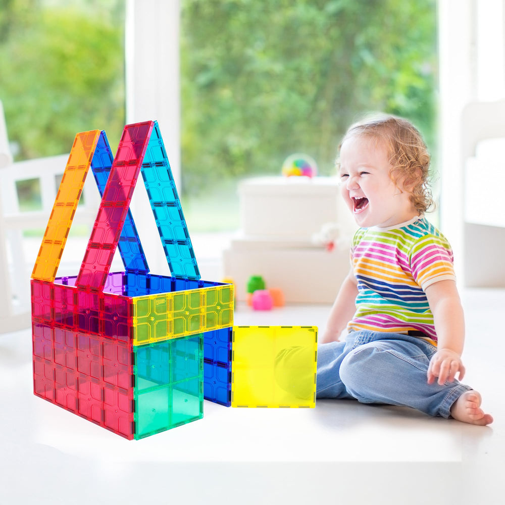 PicassoTiles jumbo XL magnetic tiles offer strong connections for tall, stable structures.