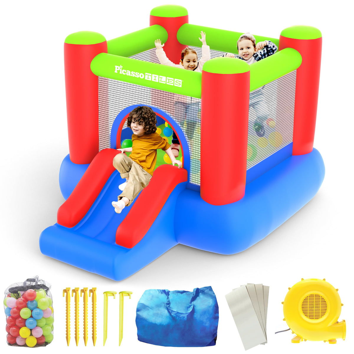 PicassoTiles KC106 inflatable bouncer with a spacious 8x7 ft jumping area for group fun.