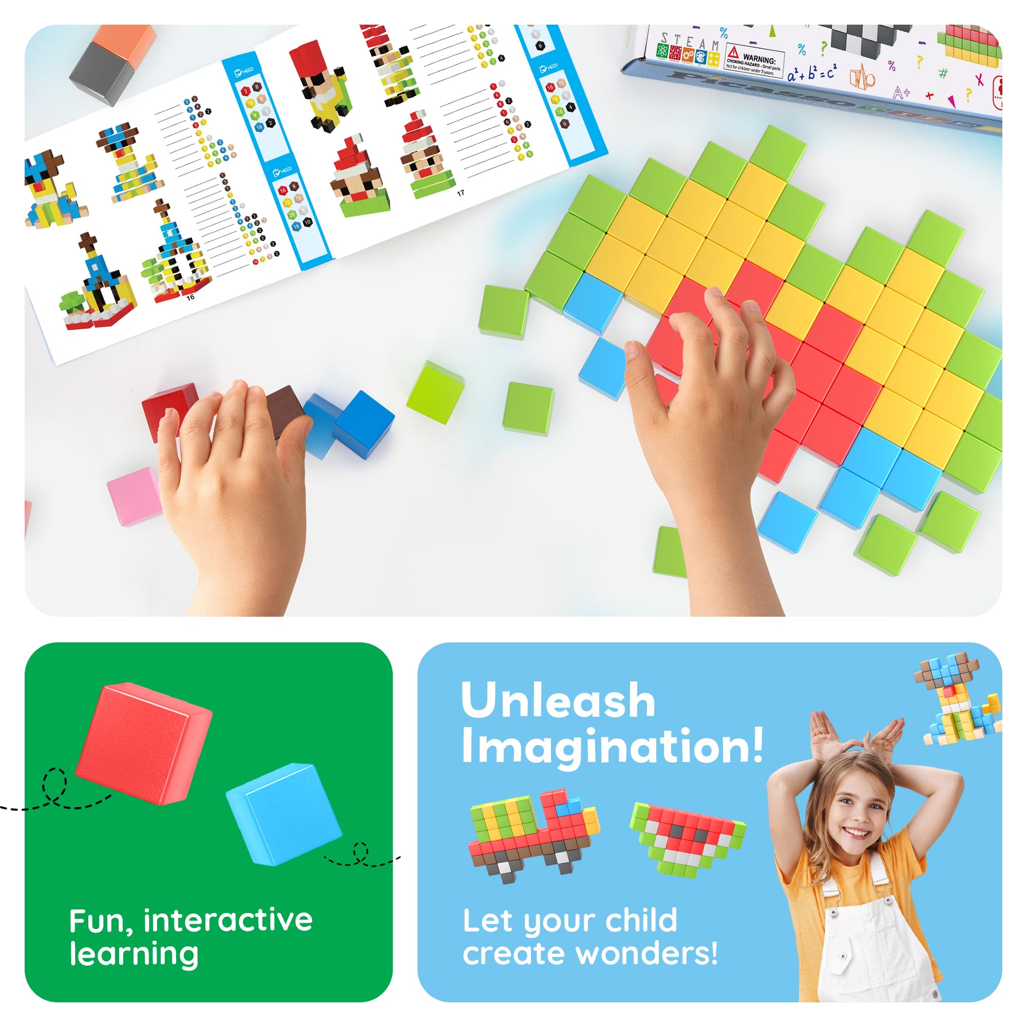 Kids build with PicassoTiles to improve fine motor skills and collaboration.