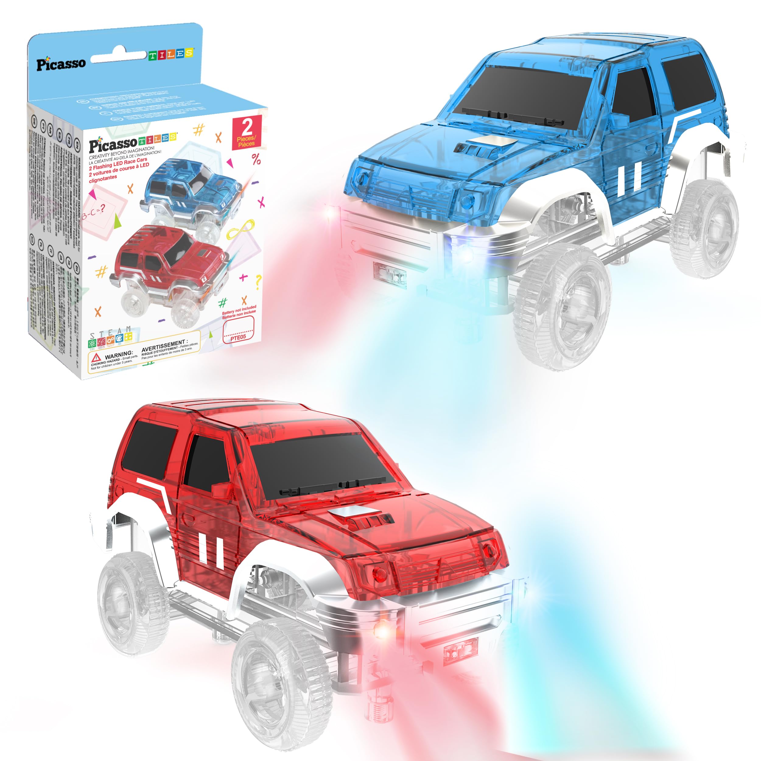 PicassoTiles LED car front view with bright lights for engaging play.
