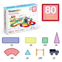 PicassoTiles LED light-up cars illuminate the track for engaging play.