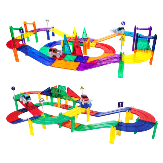 PicassoTiles LED light-up cars illuminate race play to enhance focus and imagination.