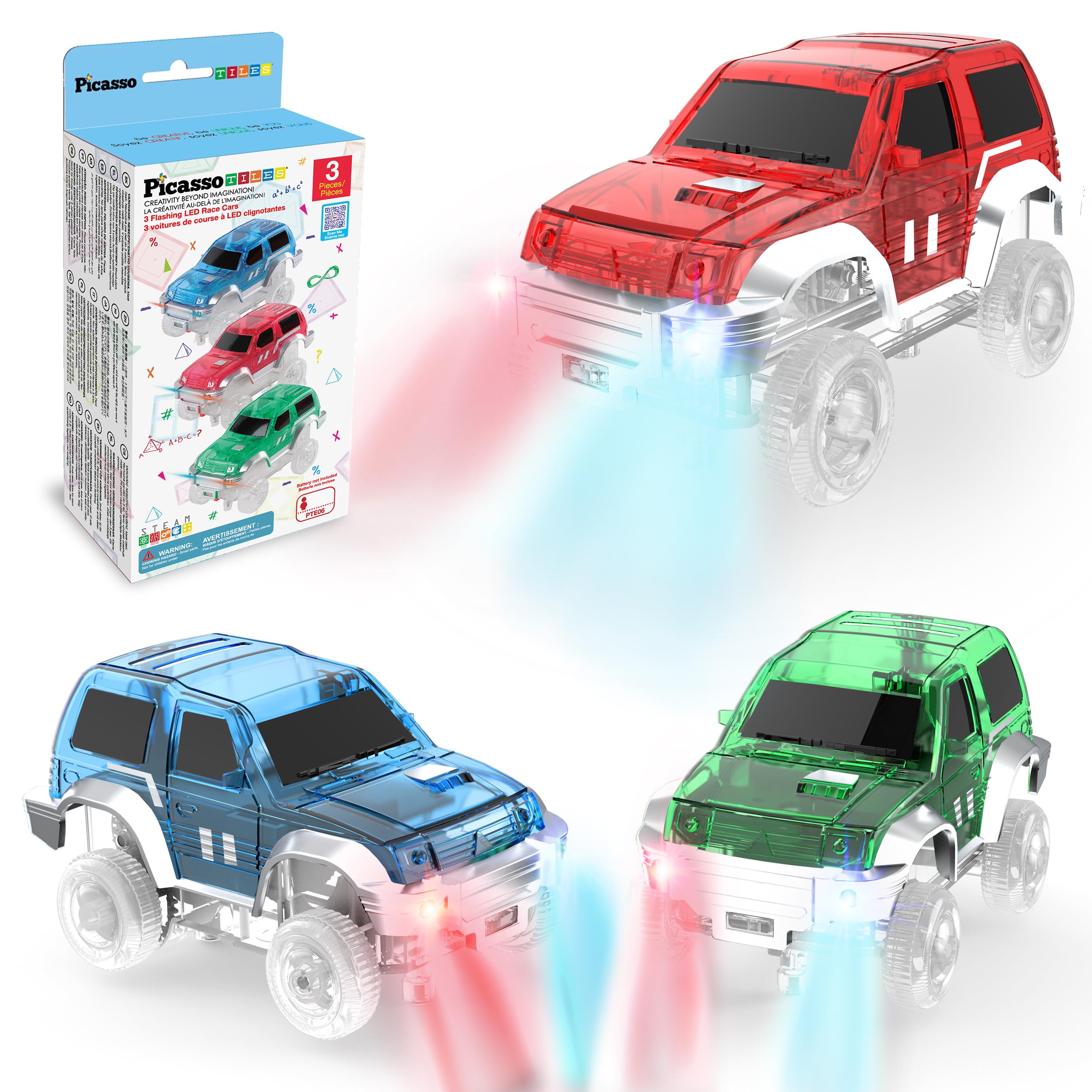 PicassoTiles LED race cars in action on a magnetic track for imaginative play