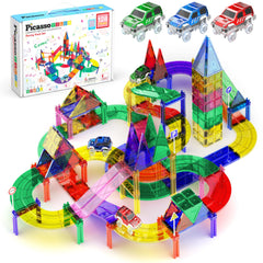 PicassoTiles LED race cars on magnetic track enhance focus and imaginative play.