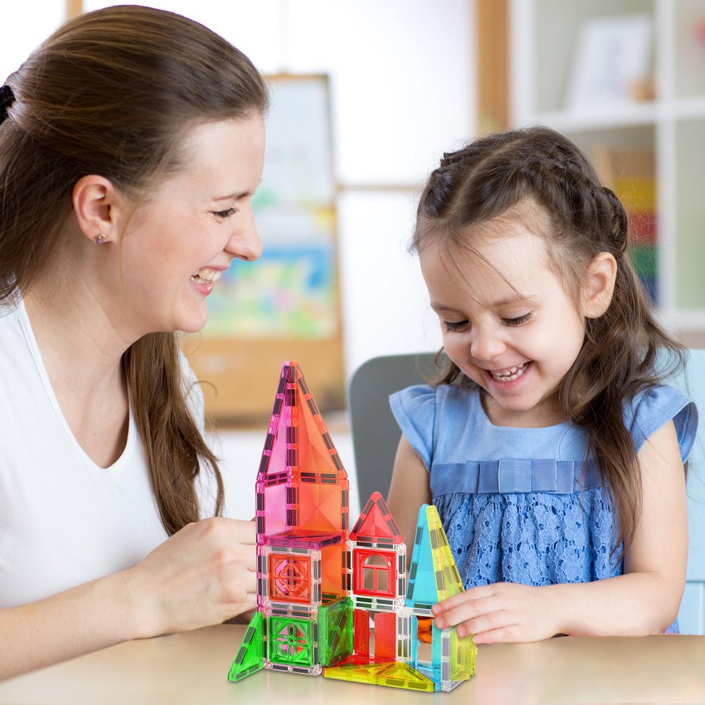 PicassoTiles magnet tiles with clip-on doors for interactive pretend play