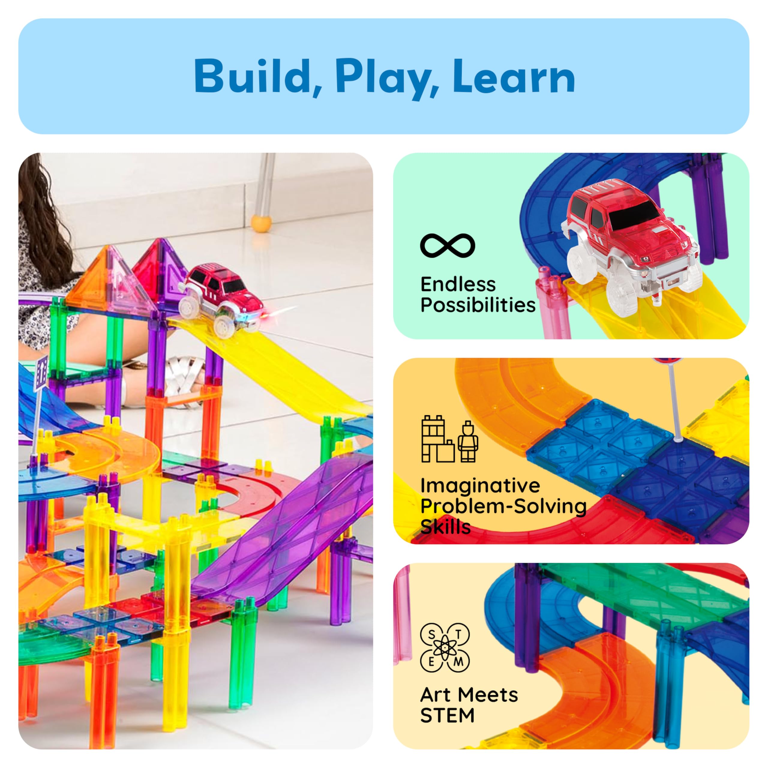 PicassoTiles magnetic building tiles in bright colors support creative construction.