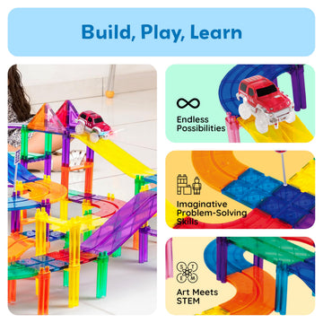 PicassoTiles magnetic building tiles in bright colors support creative construction.