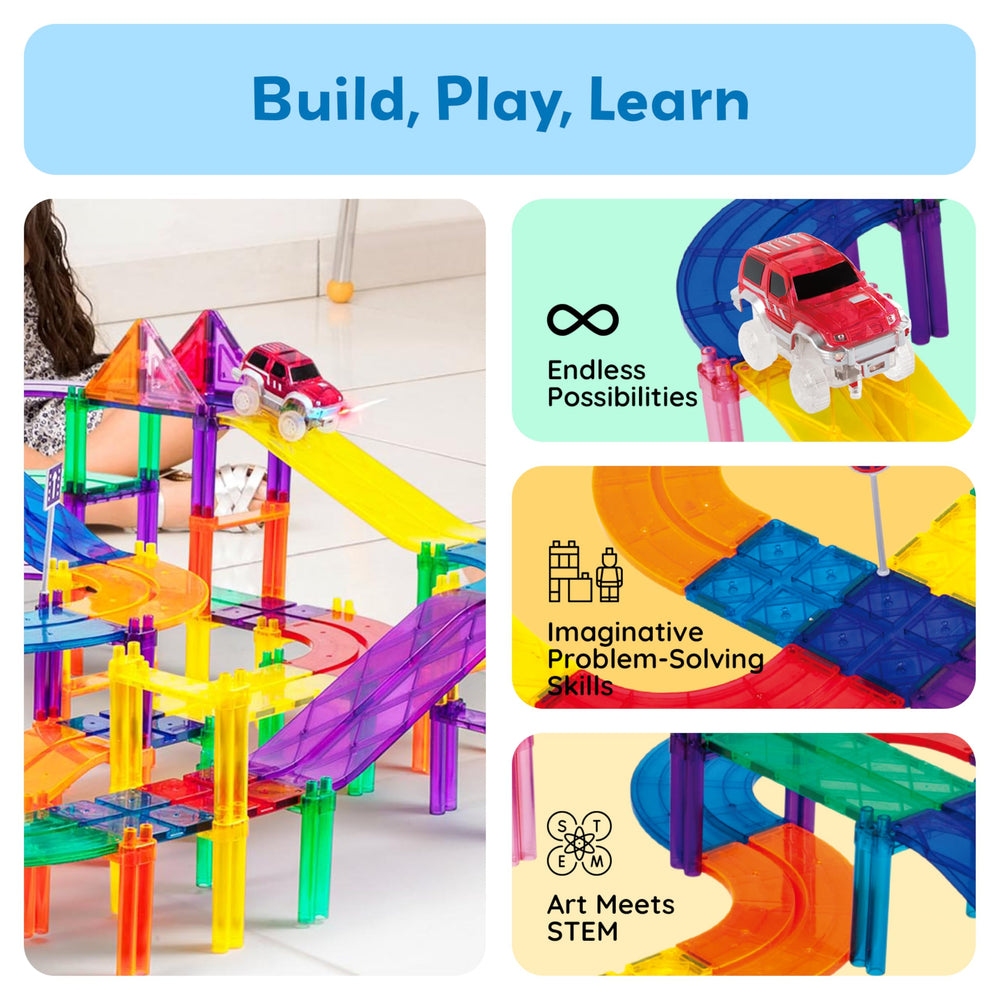 PicassoTiles magnetic building tiles in bright colors support creative construction.