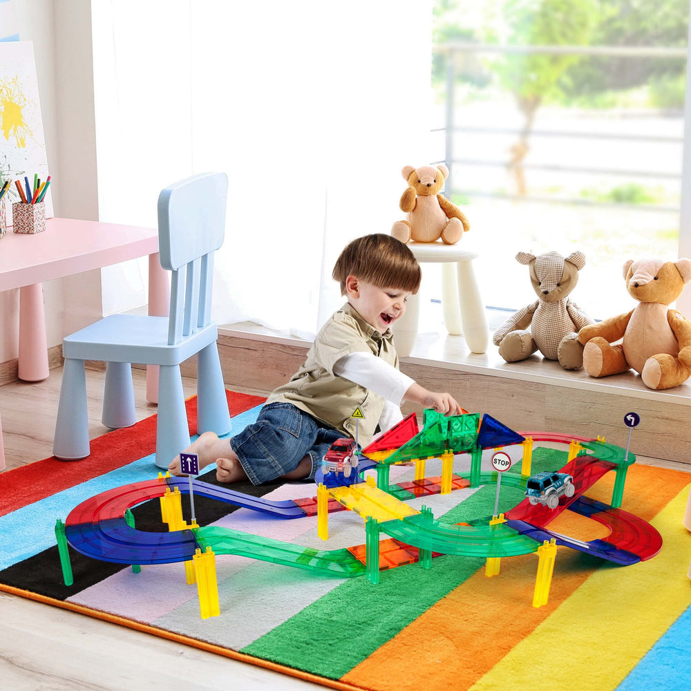 PicassoTiles magnetic edges enable easy mixing for creative, quick-build track layouts.