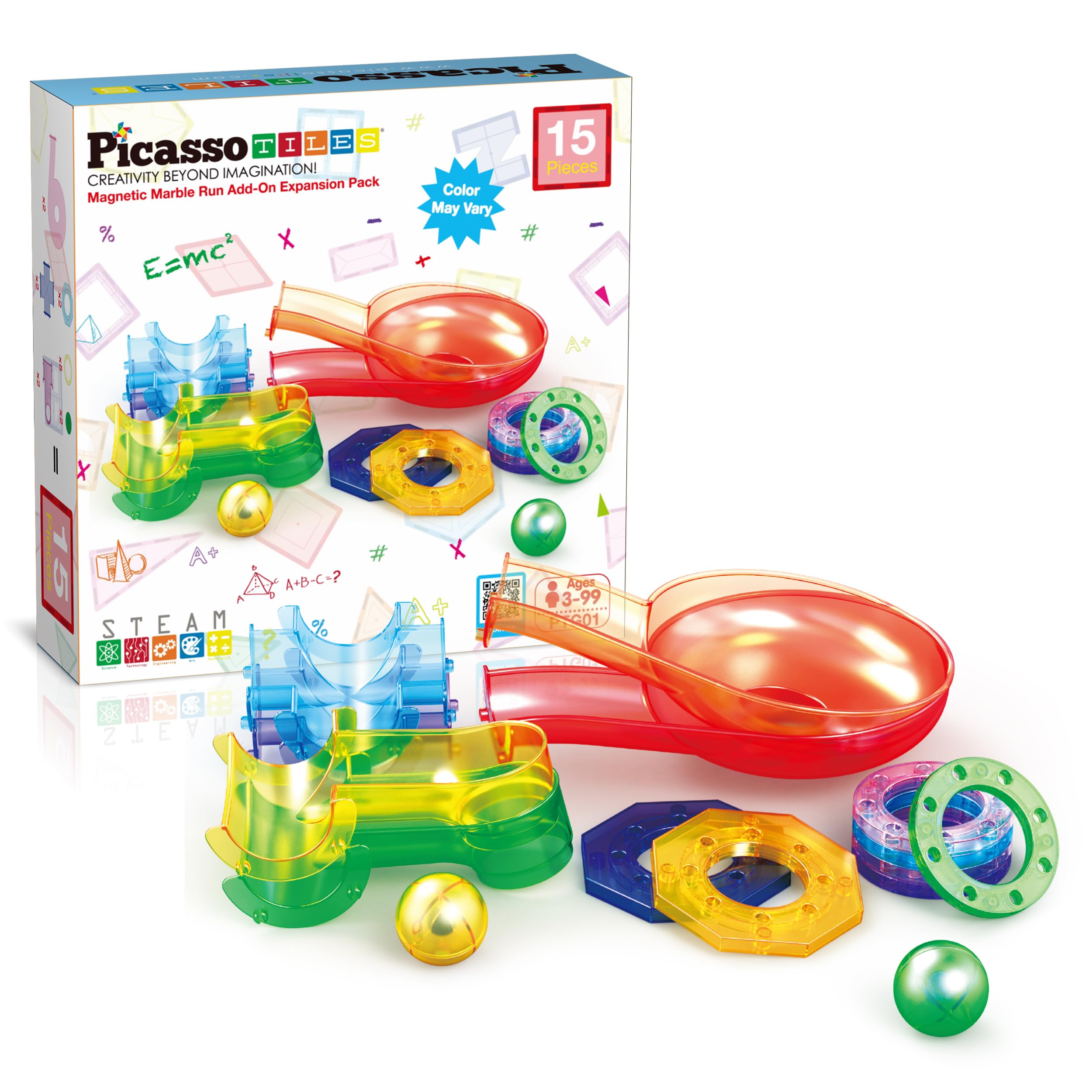 PicassoTiles Magnetic Marble Run Expansion Pack assembly shows versatile building play for STEM exploration.