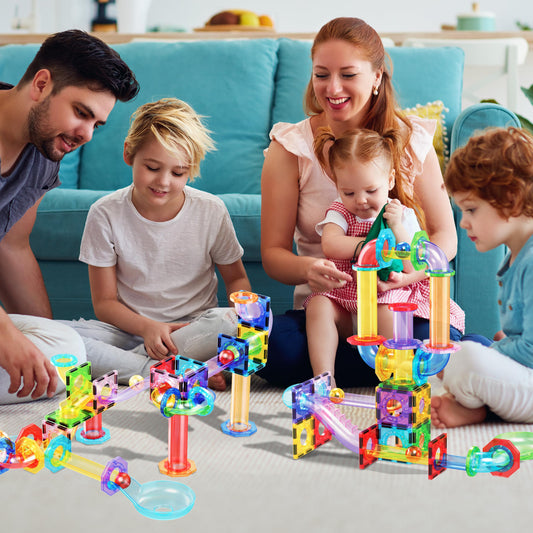 PicassoTiles magnetic tiles marble track pieces enable creative pathways.