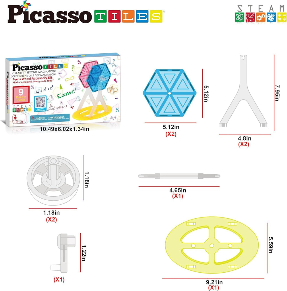 PicassoTiles magnetic tiles spin pieces enabling creative spinning structures.