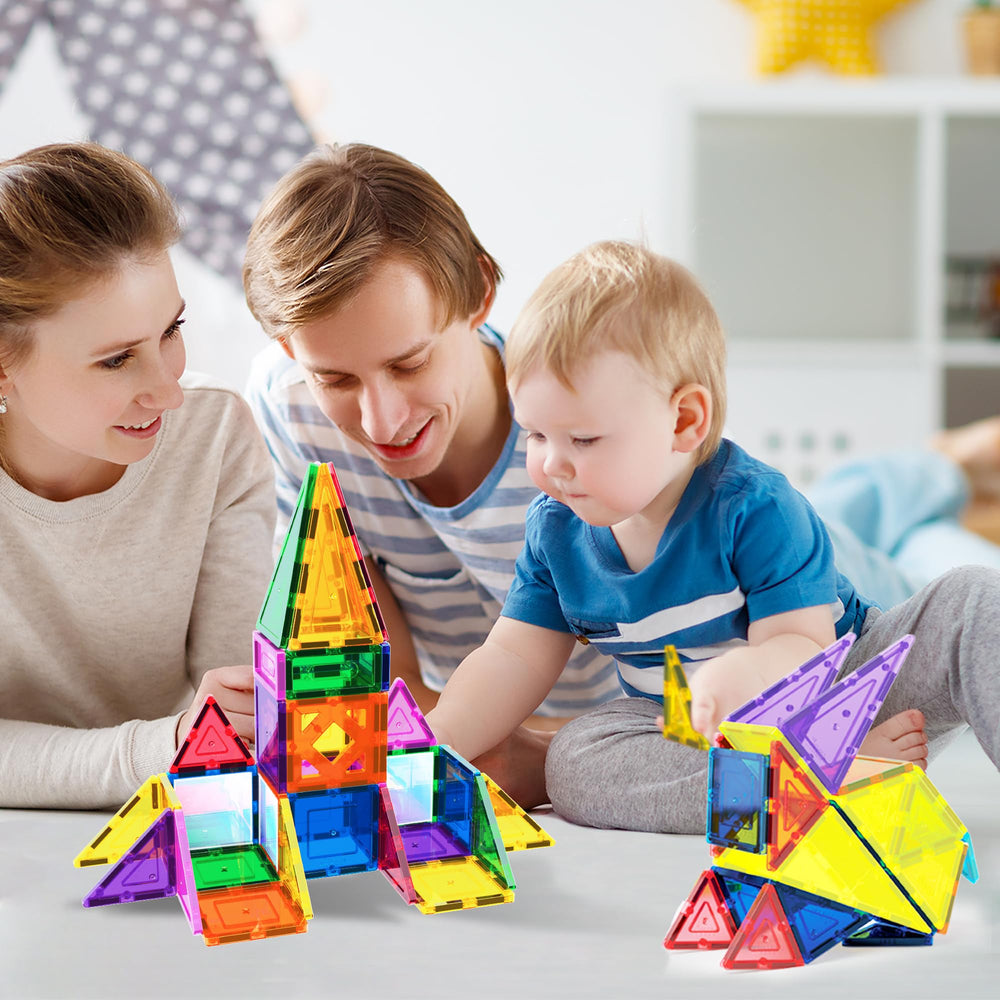 PicassoTiles magnetic tiles castle build enhances creativity and collaborative pretend play.