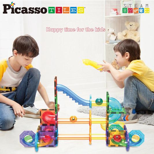 PicassoTiles magnetic tiles enable easy stacking and magnetic connections for imagination.