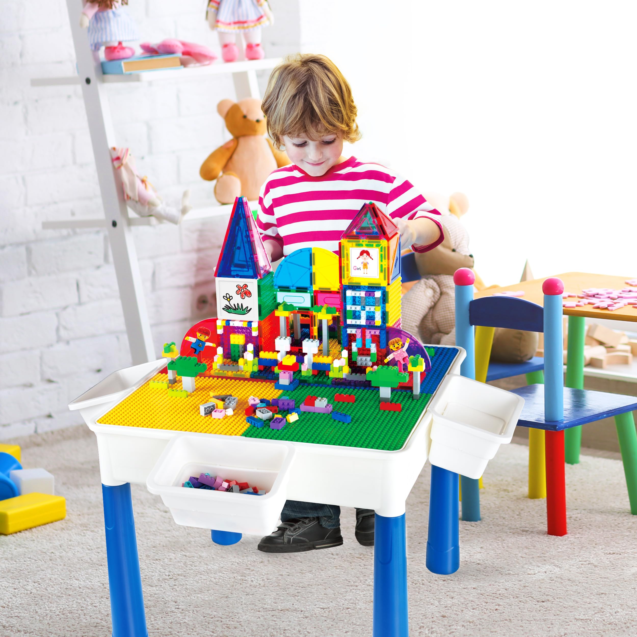 Close-up of colorful PicassoTiles magnetic tiles and bricks for creative builds.
